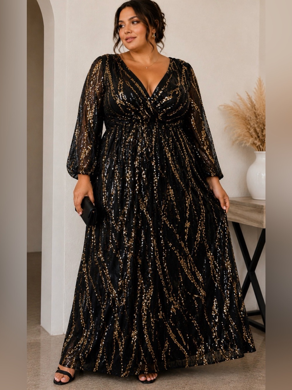 NWT Giffniseti 1X Black Gold Sequin Midi Dress Bell Sleeve Glam Party